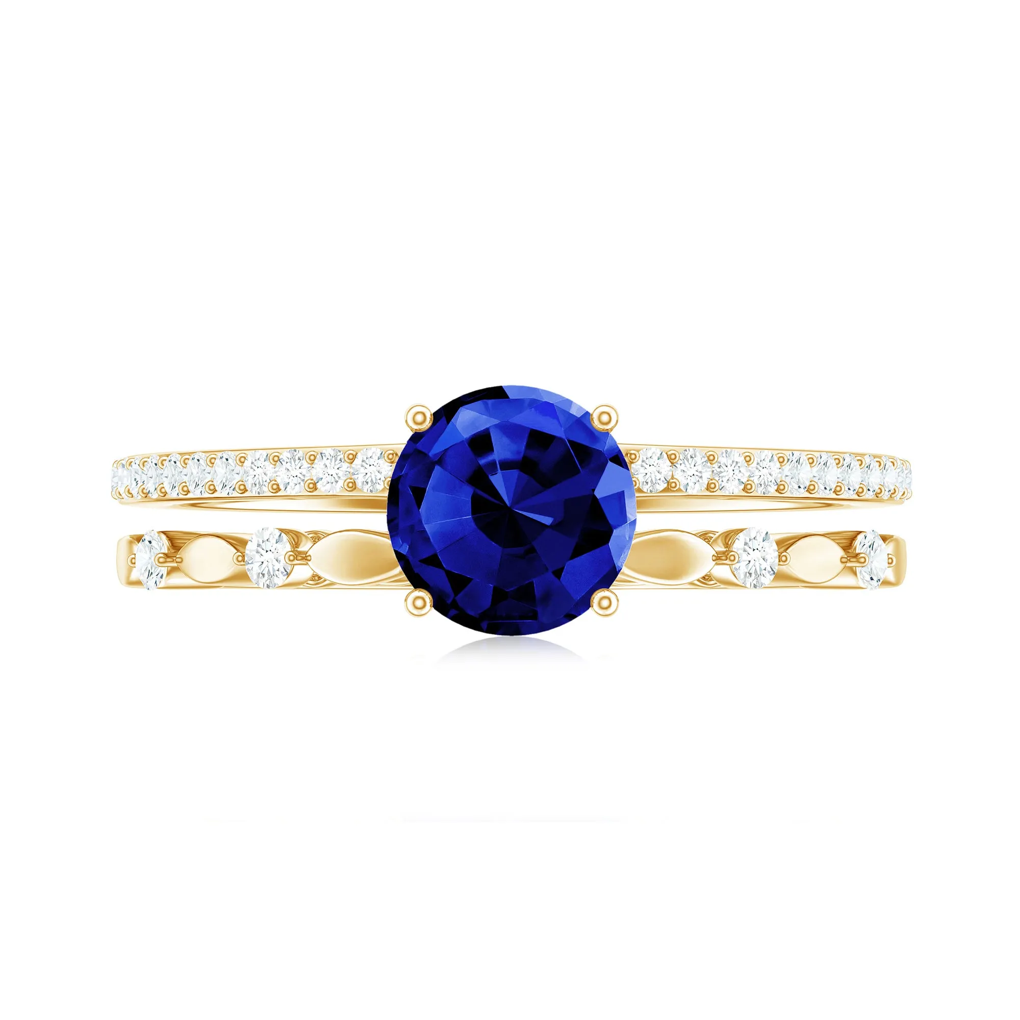 6 MM Created Blue Sapphire Solitaire Engagement Double Band Ring with Diamond