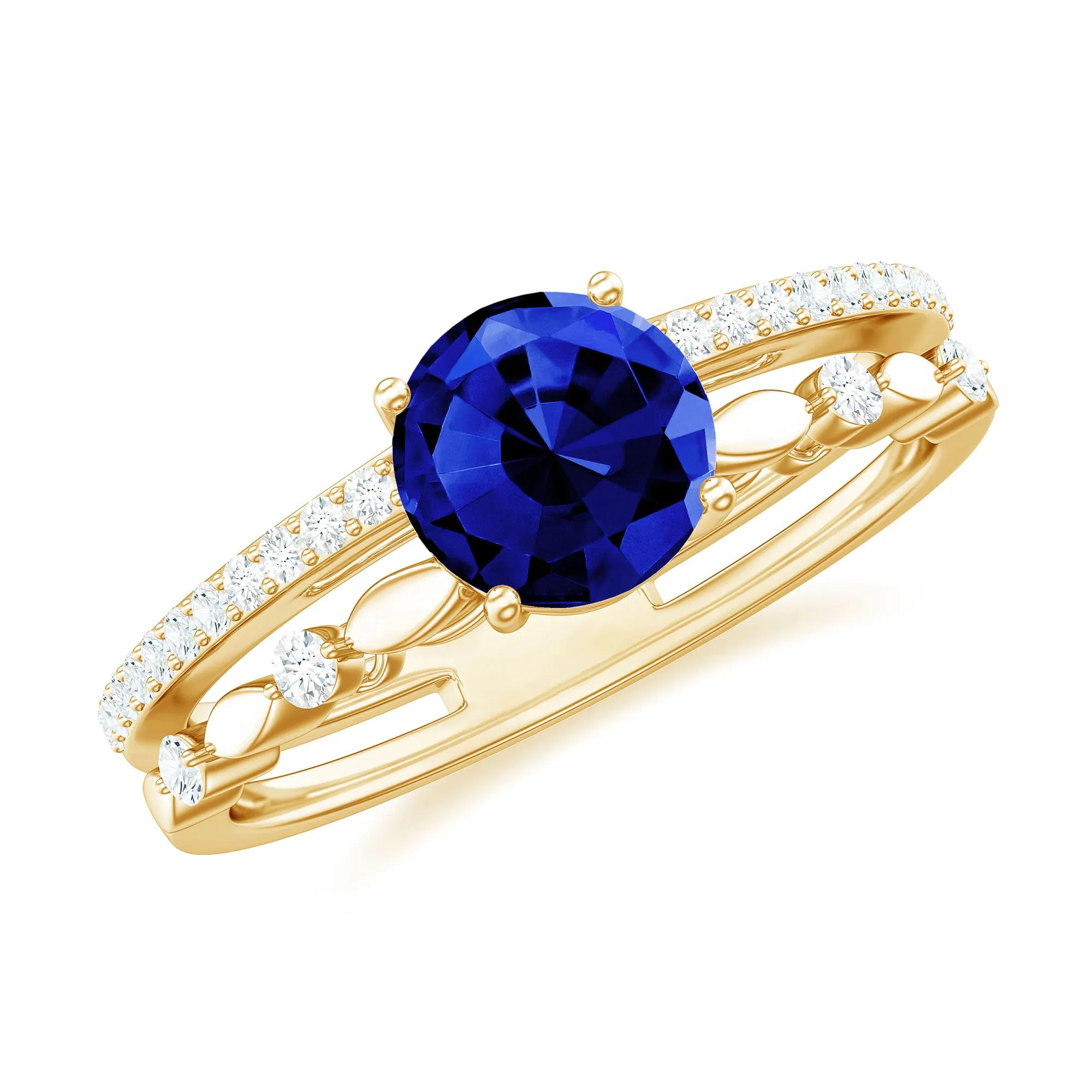 6 MM Created Blue Sapphire Solitaire Engagement Double Band Ring with Diamond