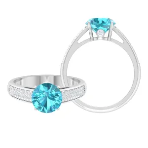 8 MM Round Shape Swiss Blue Topaz Solitaire Ring with Diamond