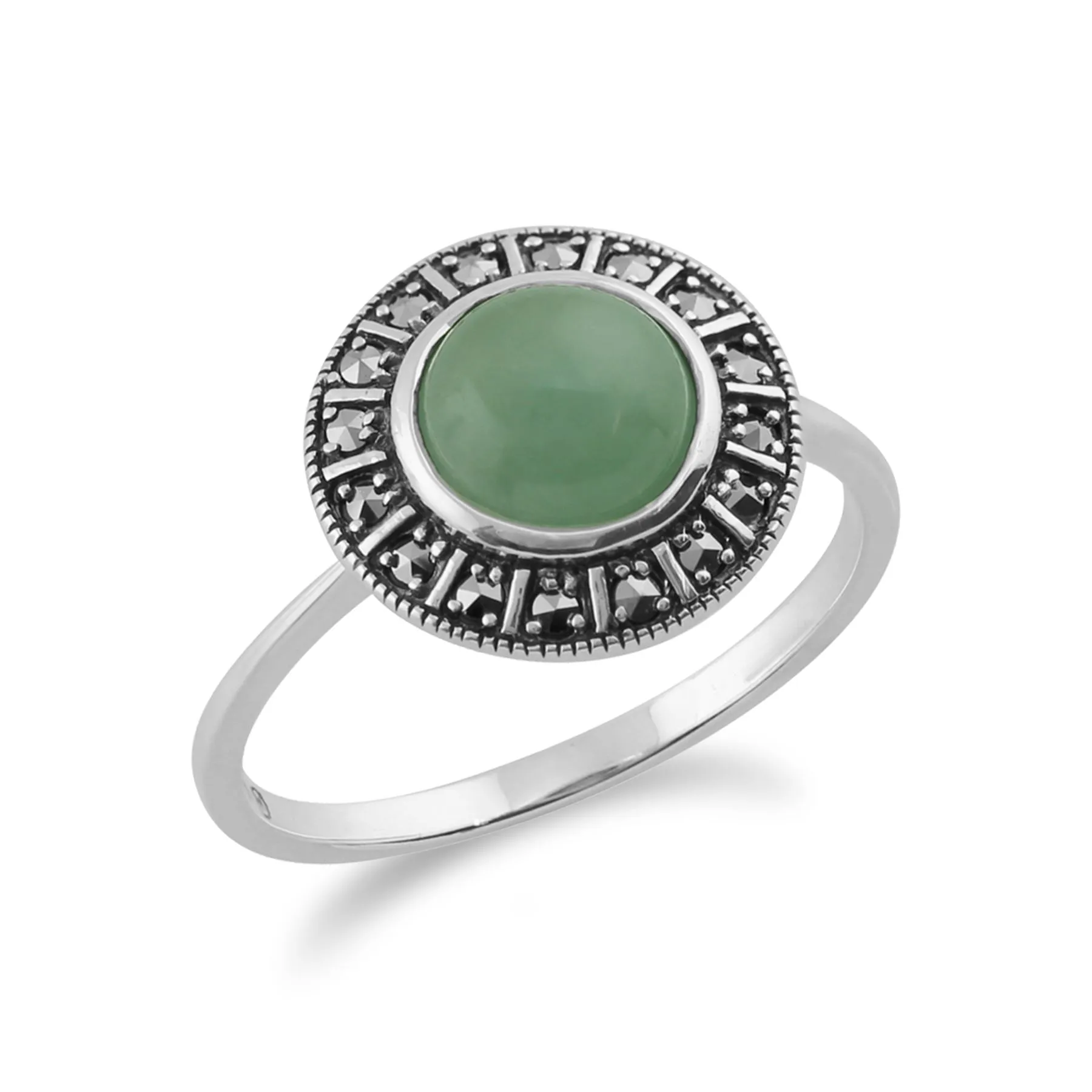 925 Sterlingsilber Kunst Deko 1.44ct Karat gefärbt grüner Jade & Markasit Ring