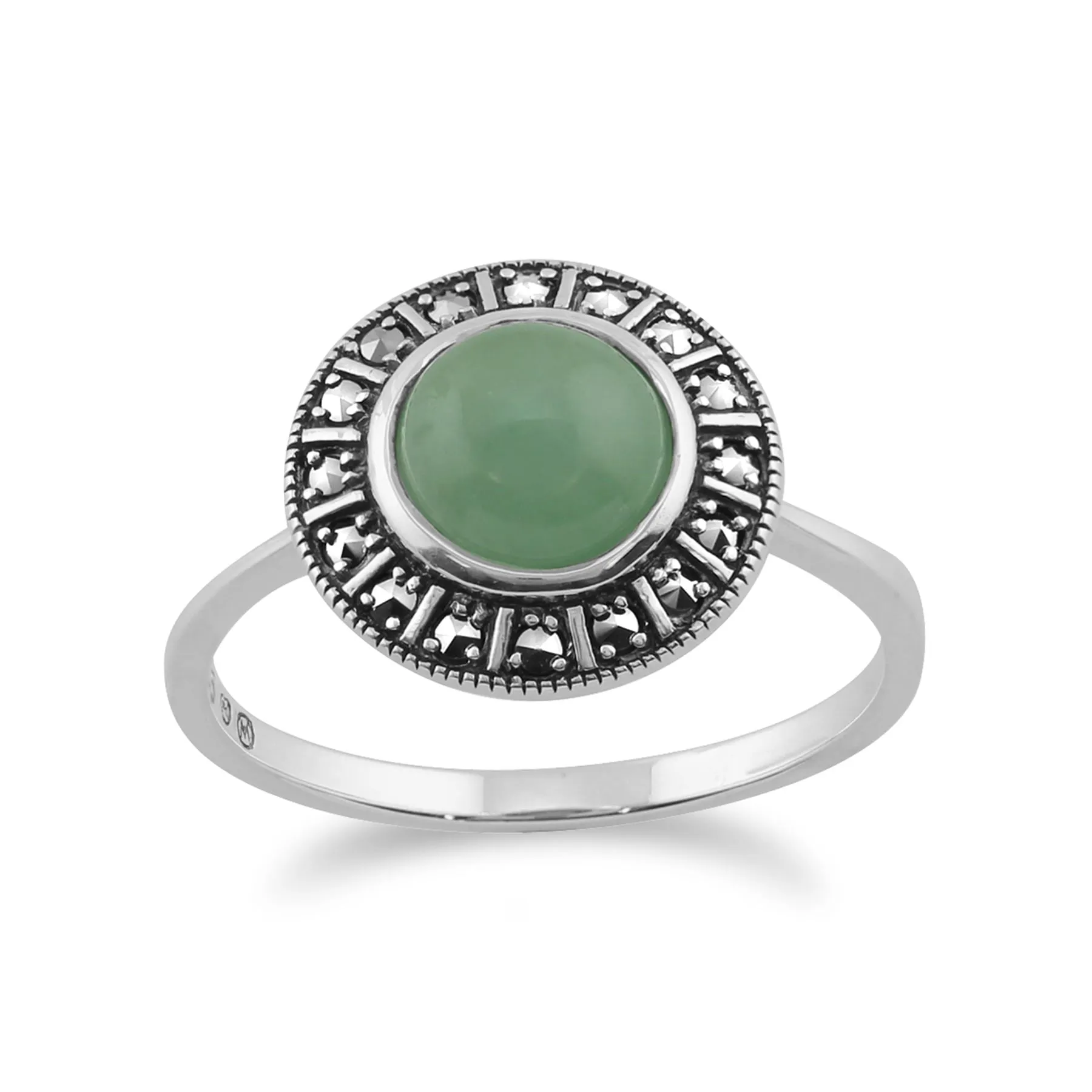 925 Sterlingsilber Kunst Deko 1.44ct Karat gefärbt grüner Jade & Markasit Ring