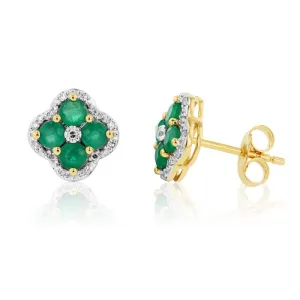 9ct Natural Emerald and 0.10ct Diamond 4 Leaf Clover Studs