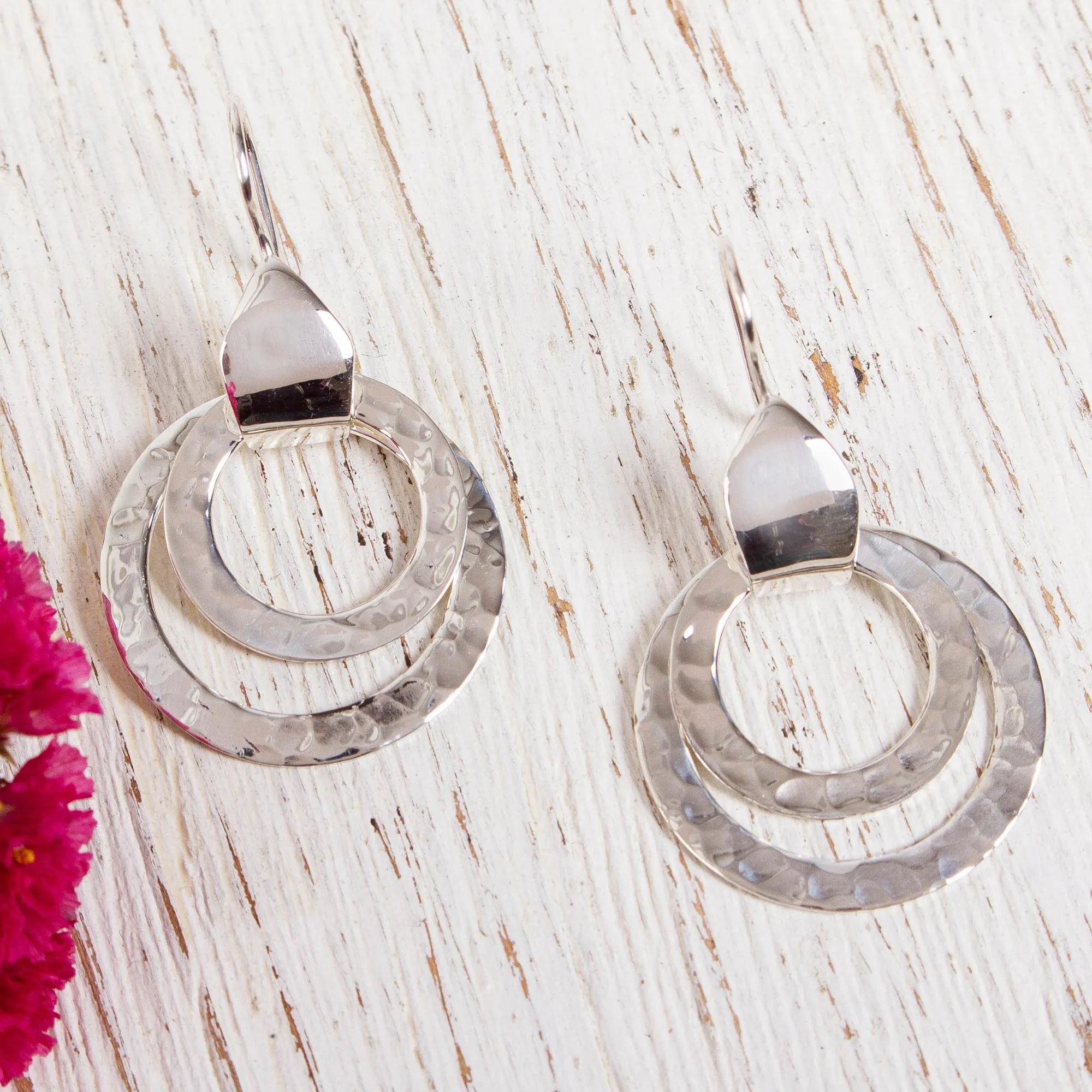 Abstract Rings Taxco Hammered Sterling Silver Dangle Earrings from Mexico