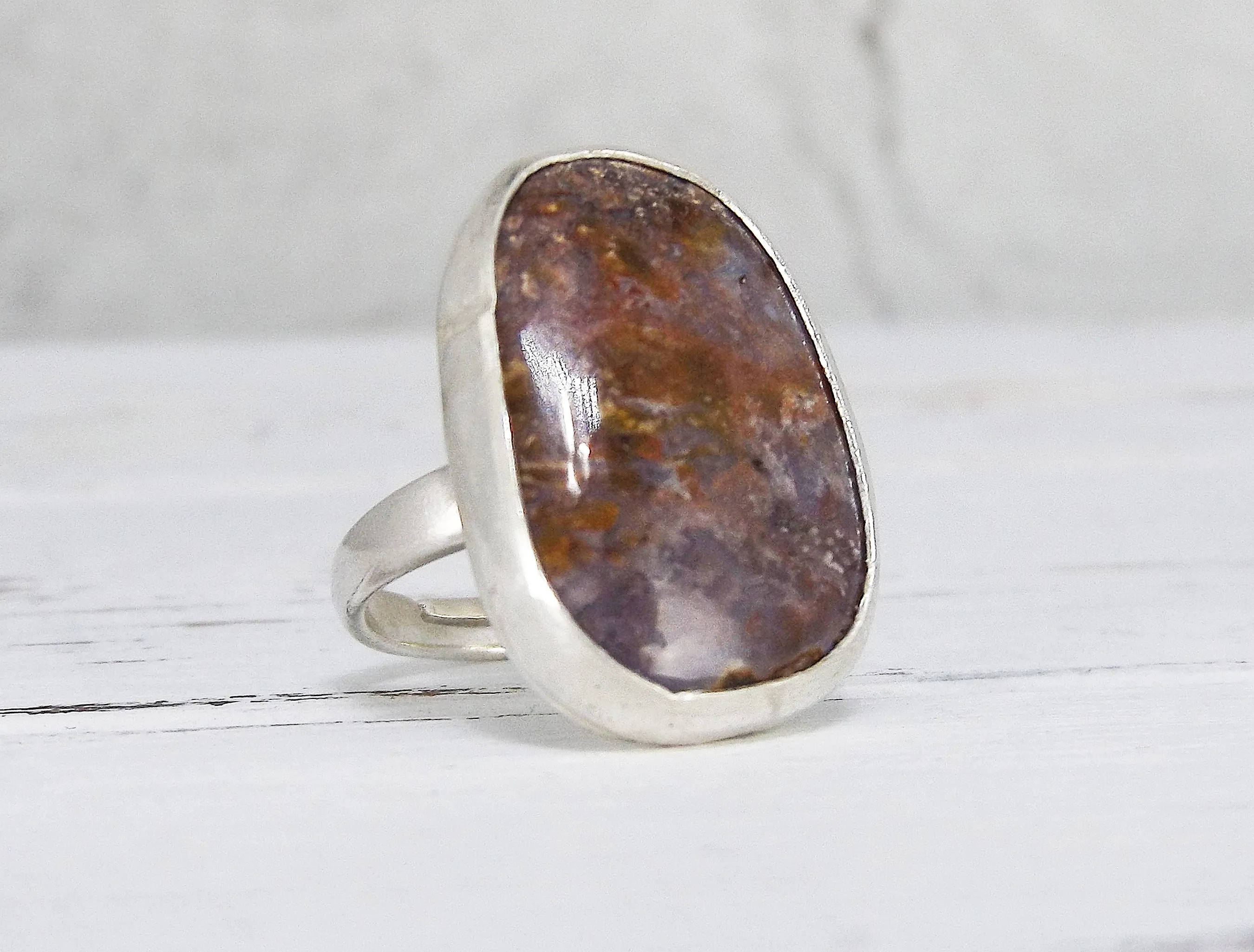 Adjustable Sterling Silver and Purple Sage Agate Ring