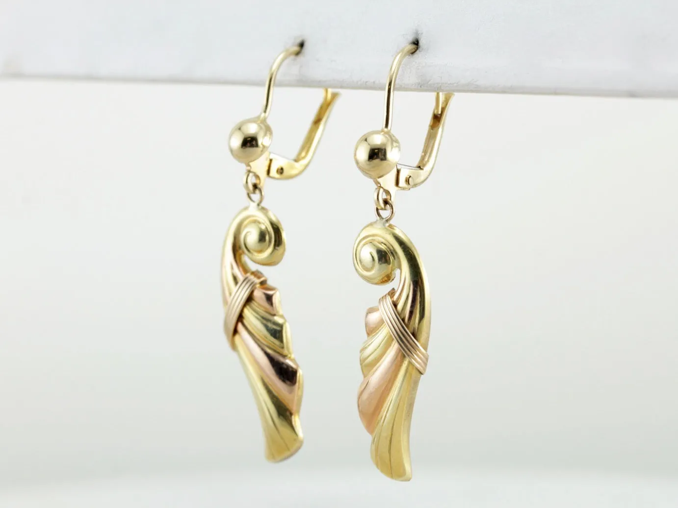 Amazing Retro Era Dangle Earrings, Rose and Yellow Gold Cornucopia Shaped Drops