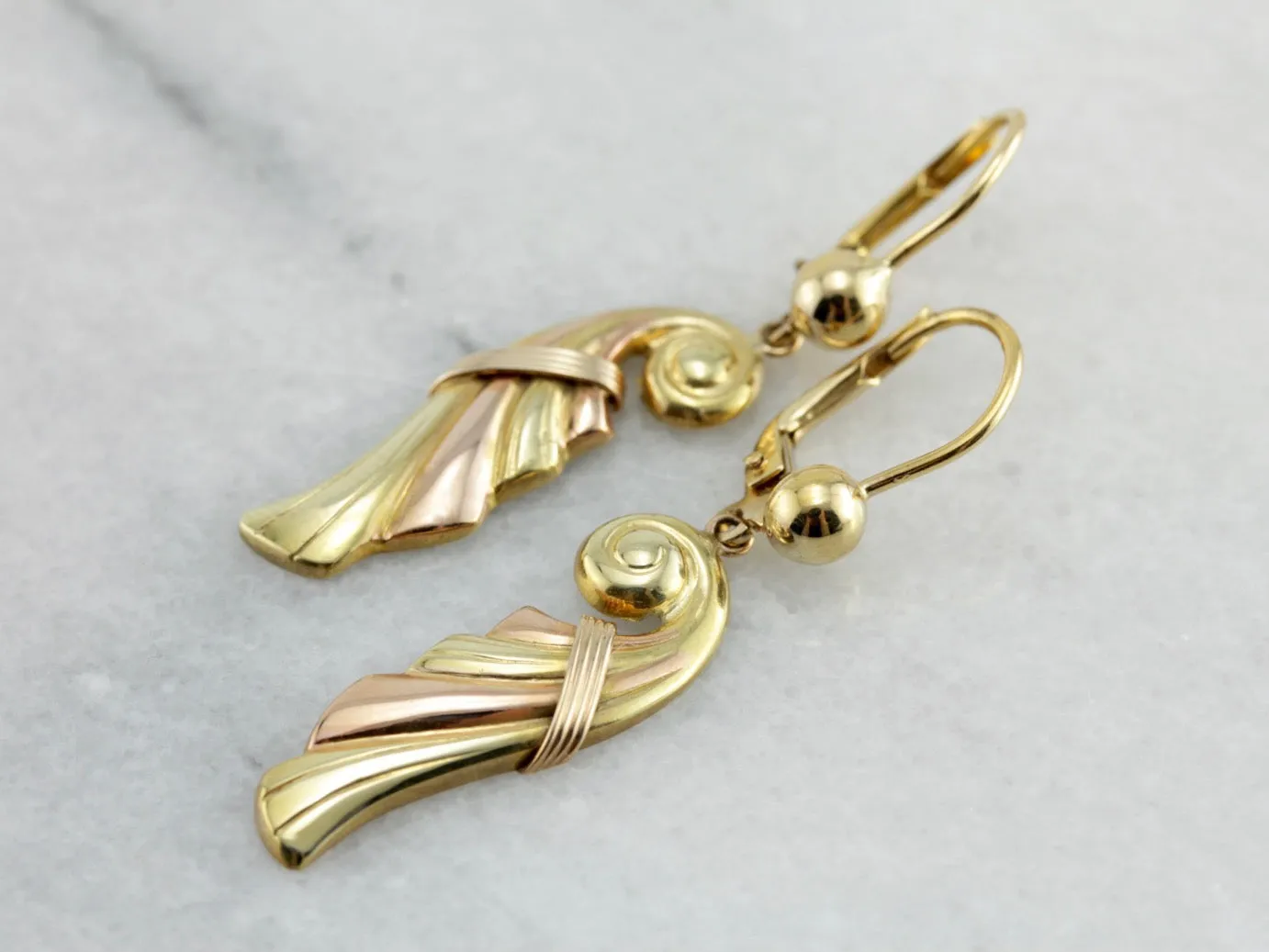 Amazing Retro Era Dangle Earrings, Rose and Yellow Gold Cornucopia Shaped Drops