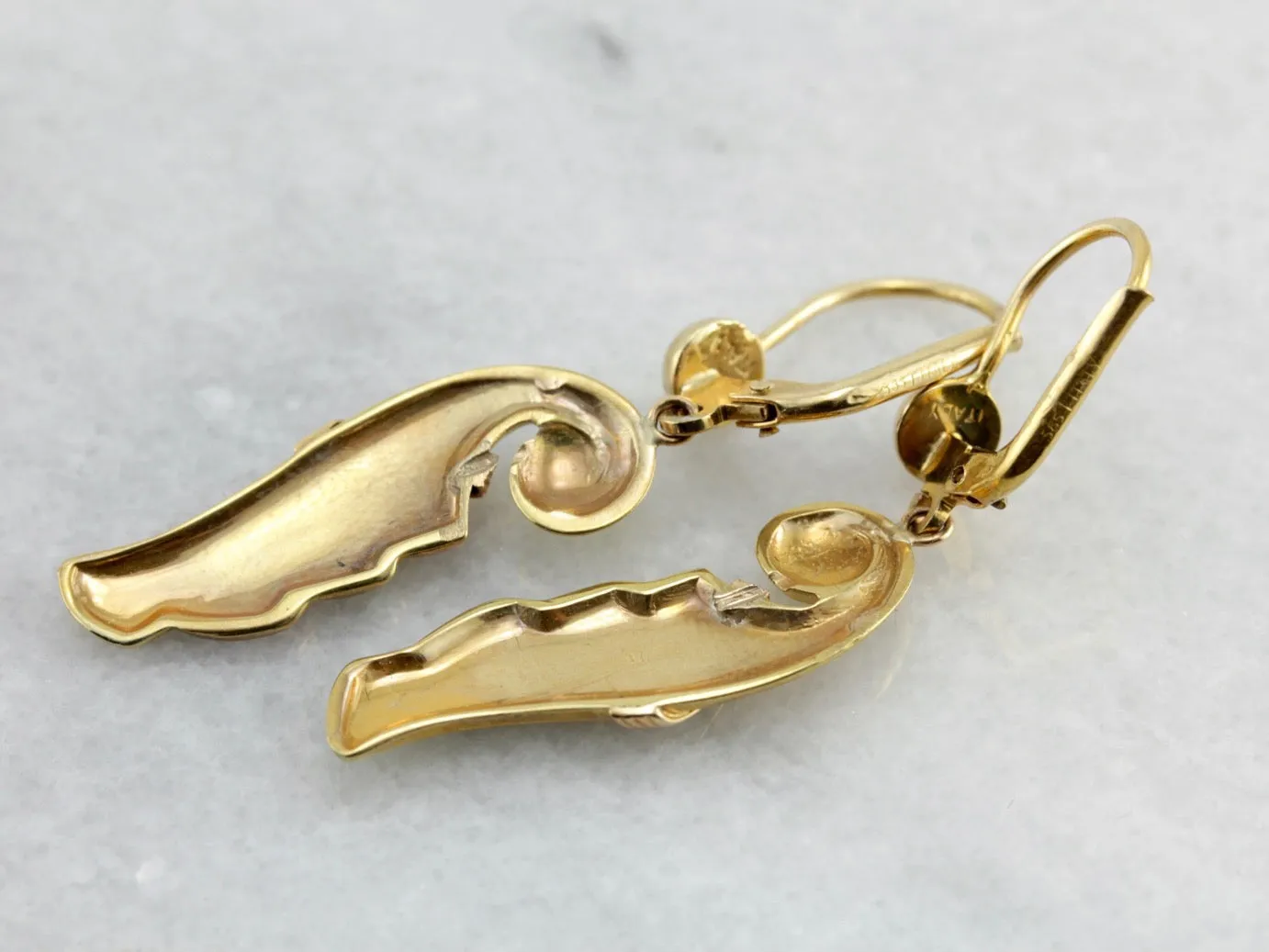 Amazing Retro Era Dangle Earrings, Rose and Yellow Gold Cornucopia Shaped Drops