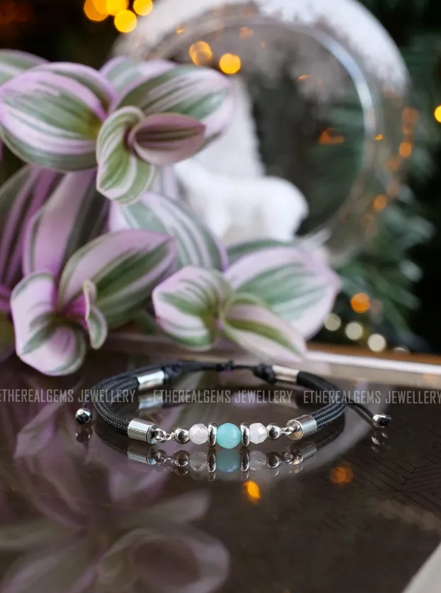 Amazonite & Moonstone Paracord Black Gemstone Bracelet, Stainless Steel Bracelet, Genuine Top Grade Gift Jewelry, Women Men Jewellery