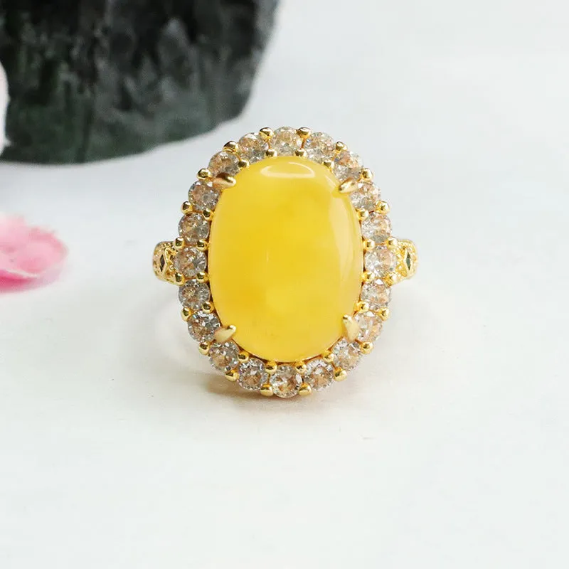 Amber Beeswax Zircon Sterling Silver Ring with Adjustable Opening