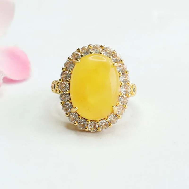 Amber Beeswax Zircon Sterling Silver Ring with Adjustable Opening