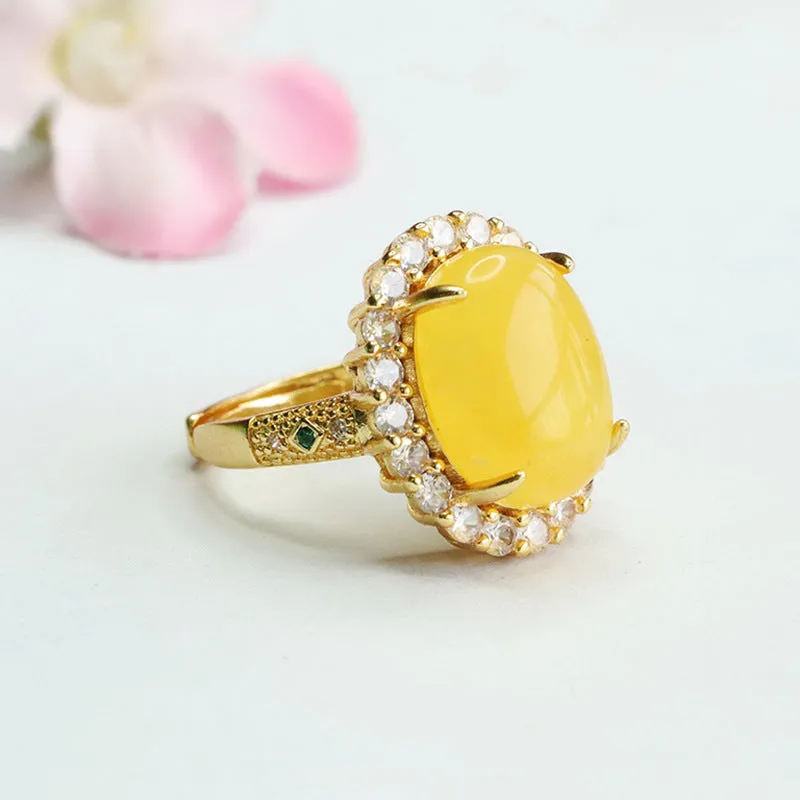 Amber Beeswax Zircon Sterling Silver Ring with Adjustable Opening