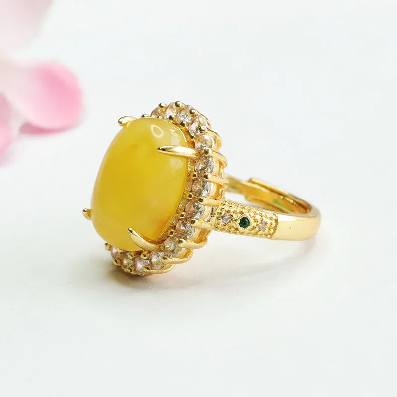 Amber Beeswax Zircon Sterling Silver Ring with Adjustable Opening