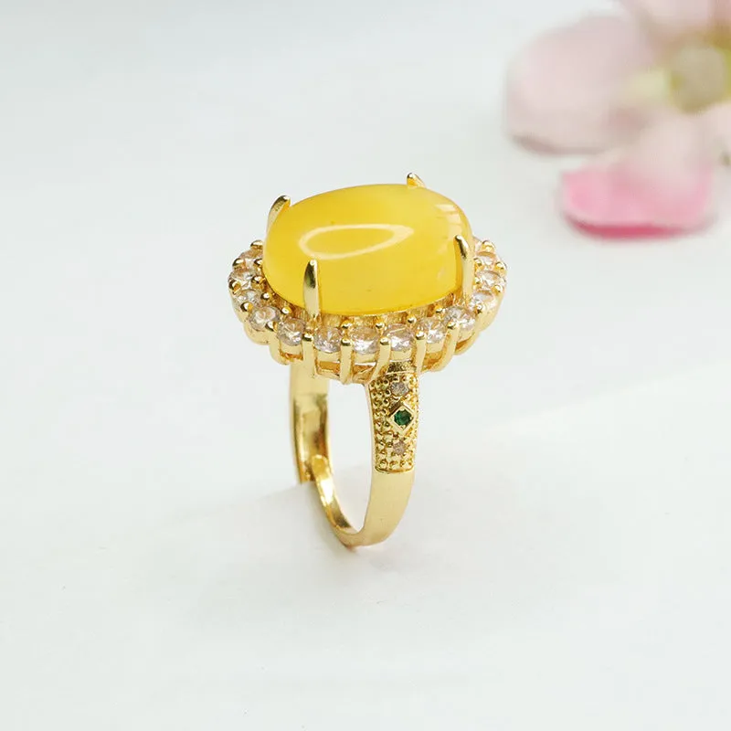 Amber Beeswax Zircon Sterling Silver Ring with Adjustable Opening