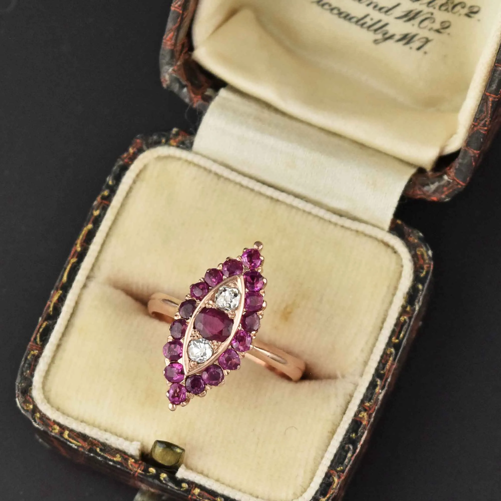 Antique Victorian 1.5 CTW Diamond Ruby Navette Ring 14K Gold