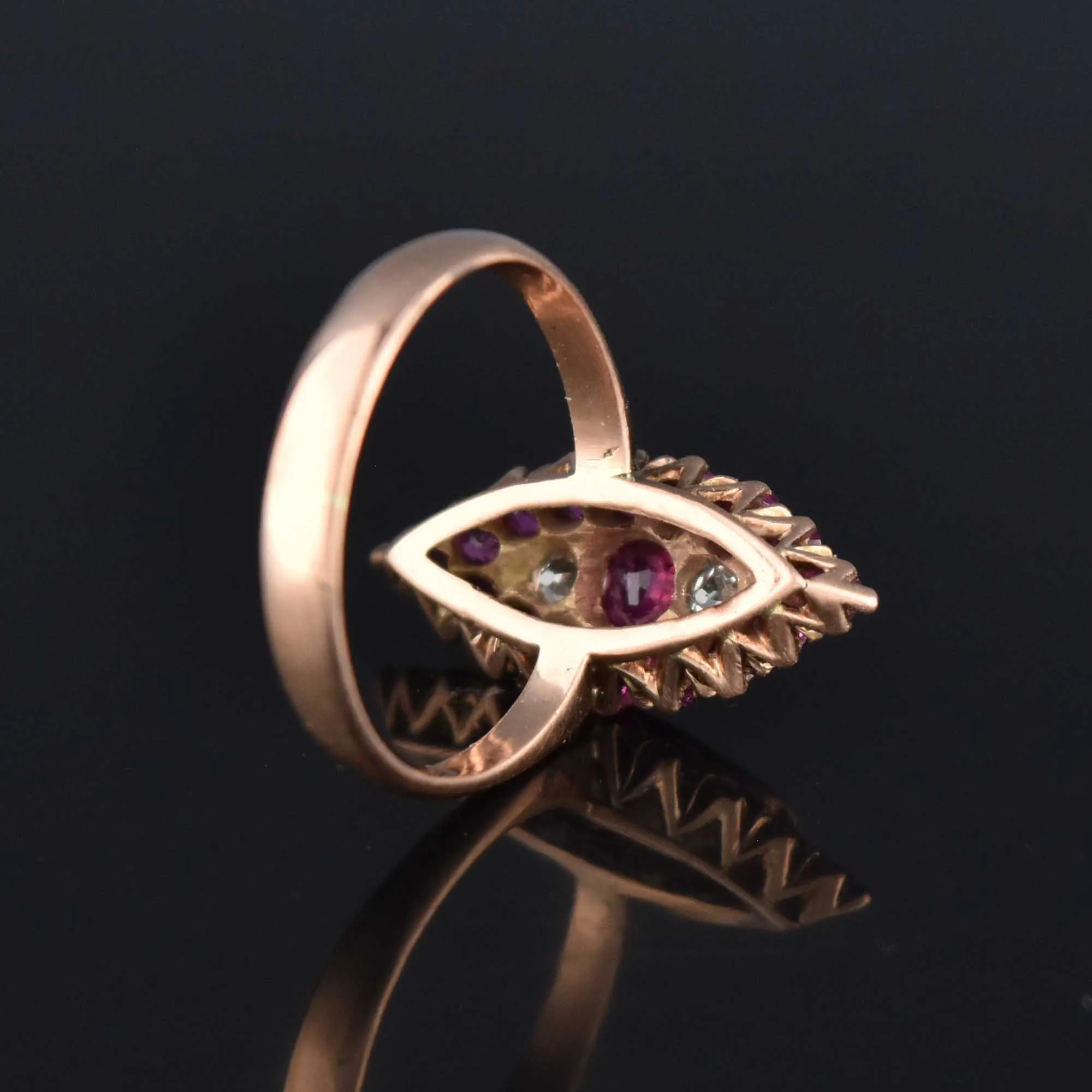 Antique Victorian 1.5 CTW Diamond Ruby Navette Ring 14K Gold