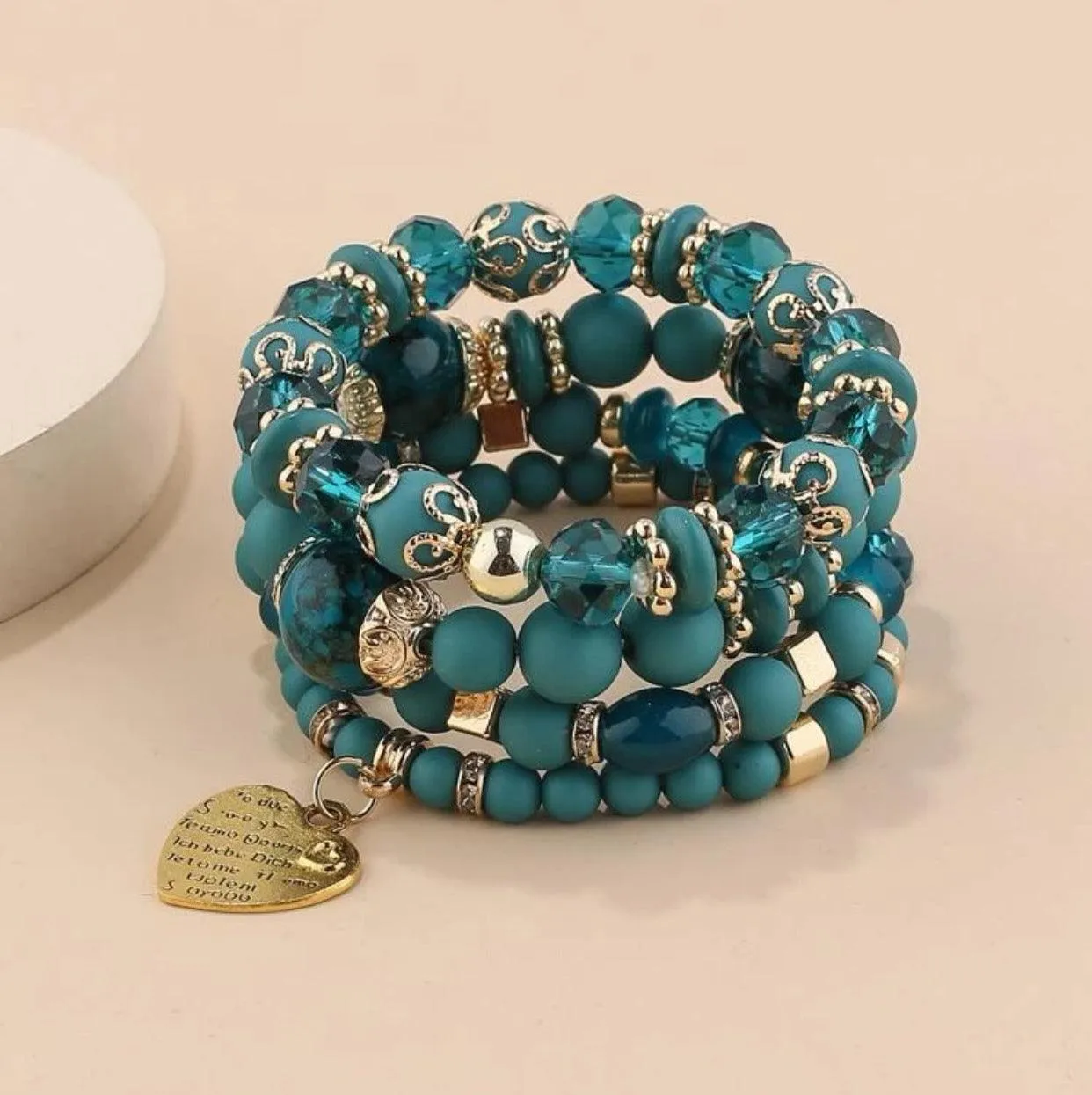 Aqua & Gold Beaded Bracelet Set