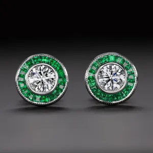 ART DECO STYLE E VS DIAMOND EMERALD STUD EARRINGS ROUND CUT CALIBRE HALO TARGET