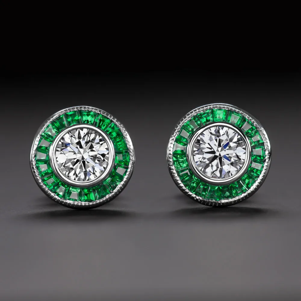 ART DECO STYLE E VS DIAMOND EMERALD STUD EARRINGS ROUND CUT CALIBRE HALO TARGET