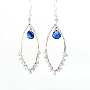 AVF Silver Beaded Labradorite, Kyanite Drop & Tanzanite Accent Marquise Shaped Dangle Earrings (SI3768)