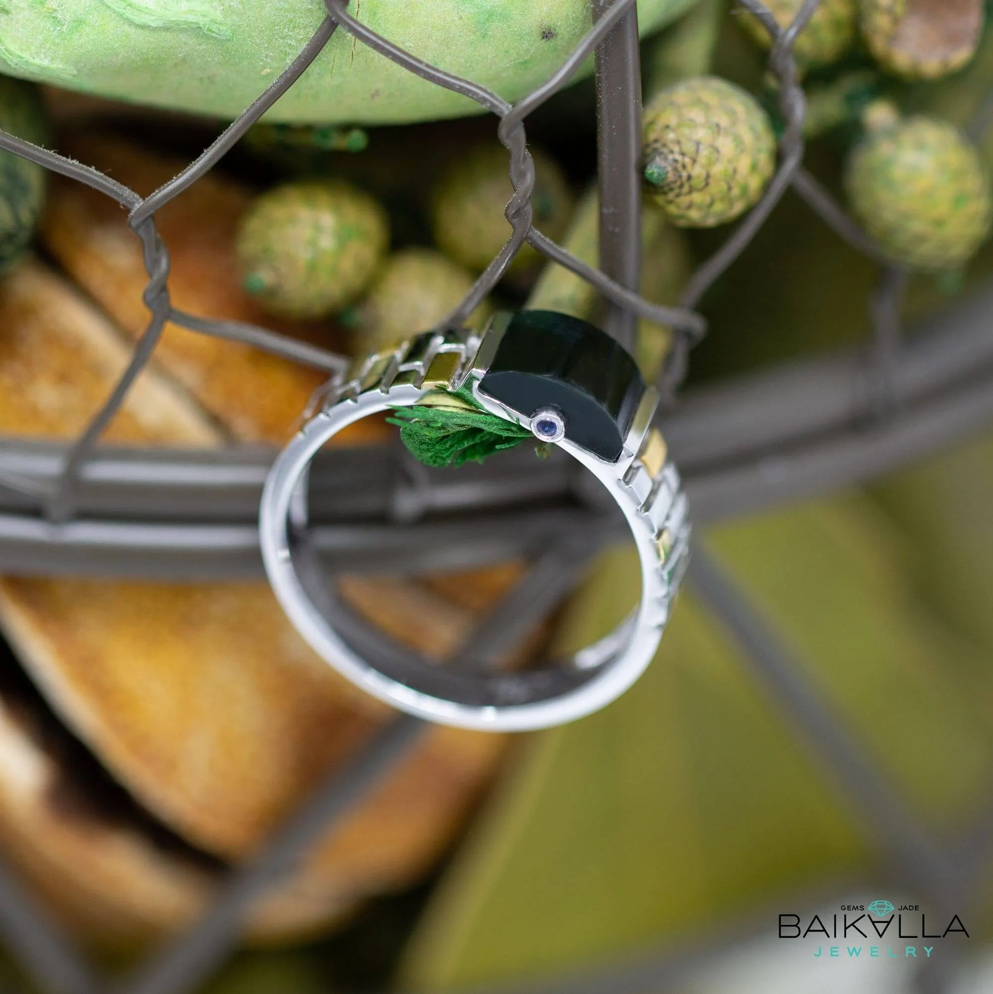 Baikalla™ "Mutli-Colored Half Round" Genuine Burmese Black Jadeite Jade Engagement Wedding Bands Rings