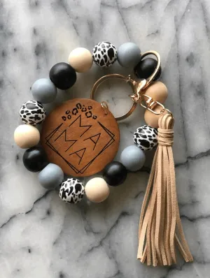 Beautiful Gray Wooden Bracelet and Wrist Mama Keychain