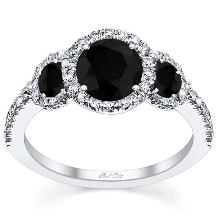 Black Diamond Three Stone Halo Engagement Ring