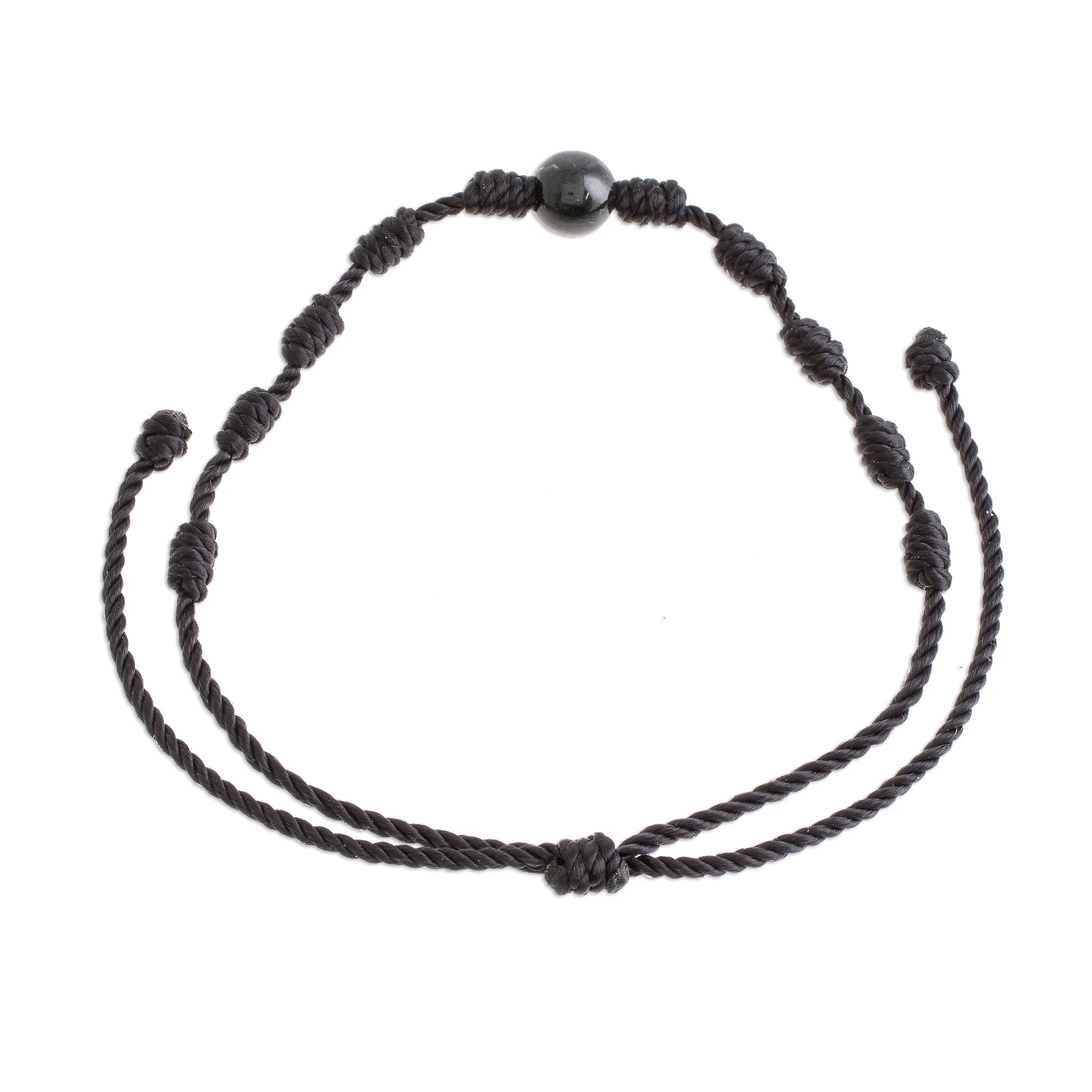 Black Jade and Nylon Knotted Cord Adjustable Bracelet - Bold Texture in Black | NOVICA