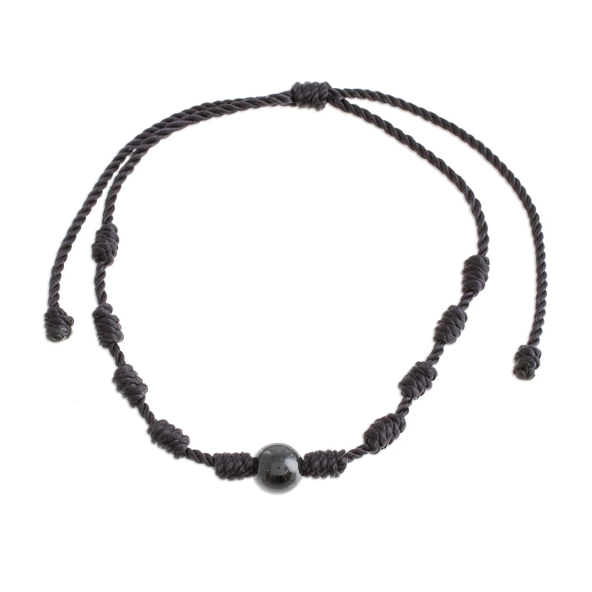 Black Jade and Nylon Knotted Cord Adjustable Bracelet - Bold Texture in Black | NOVICA