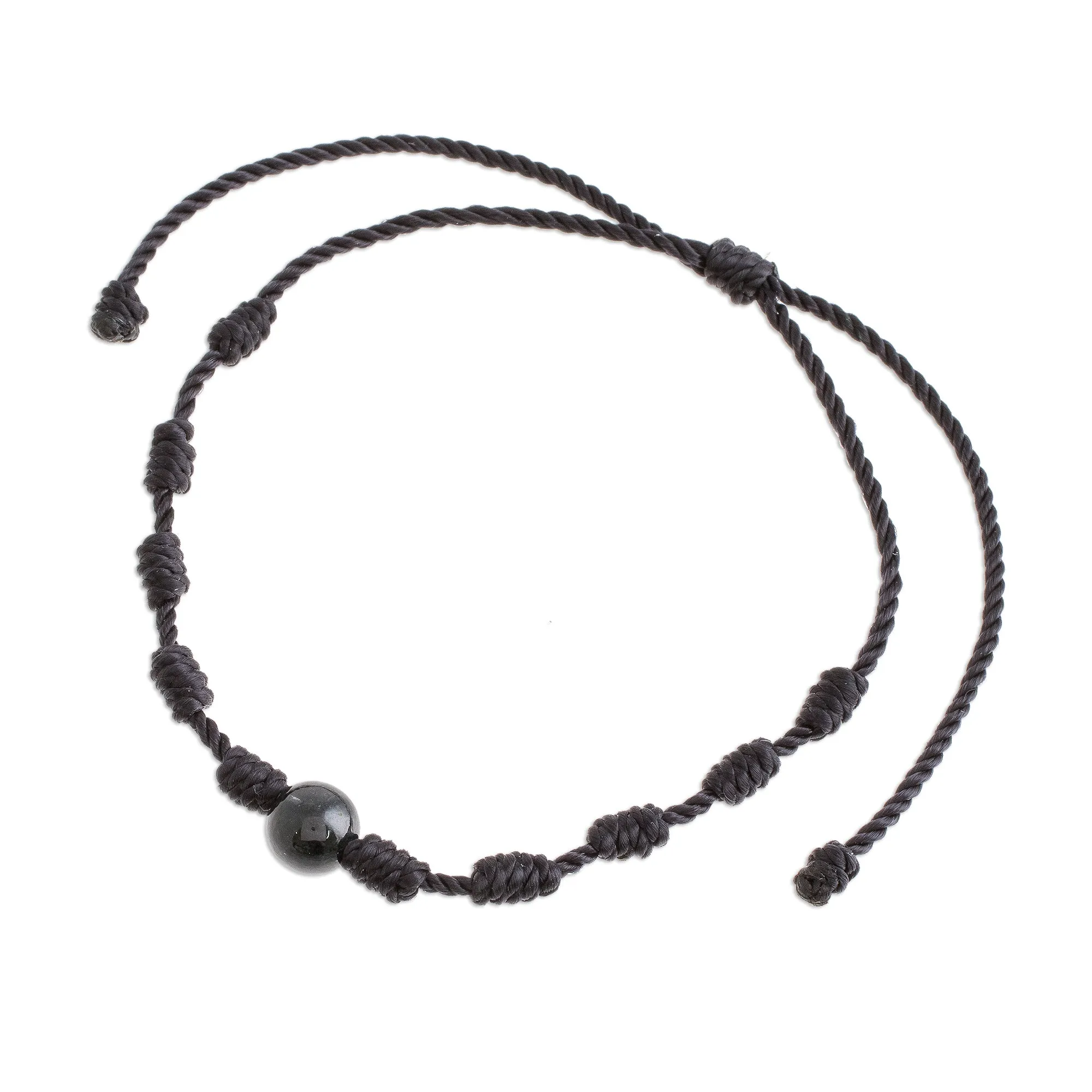 Black Jade and Nylon Knotted Cord Adjustable Bracelet - Bold Texture in Black | NOVICA