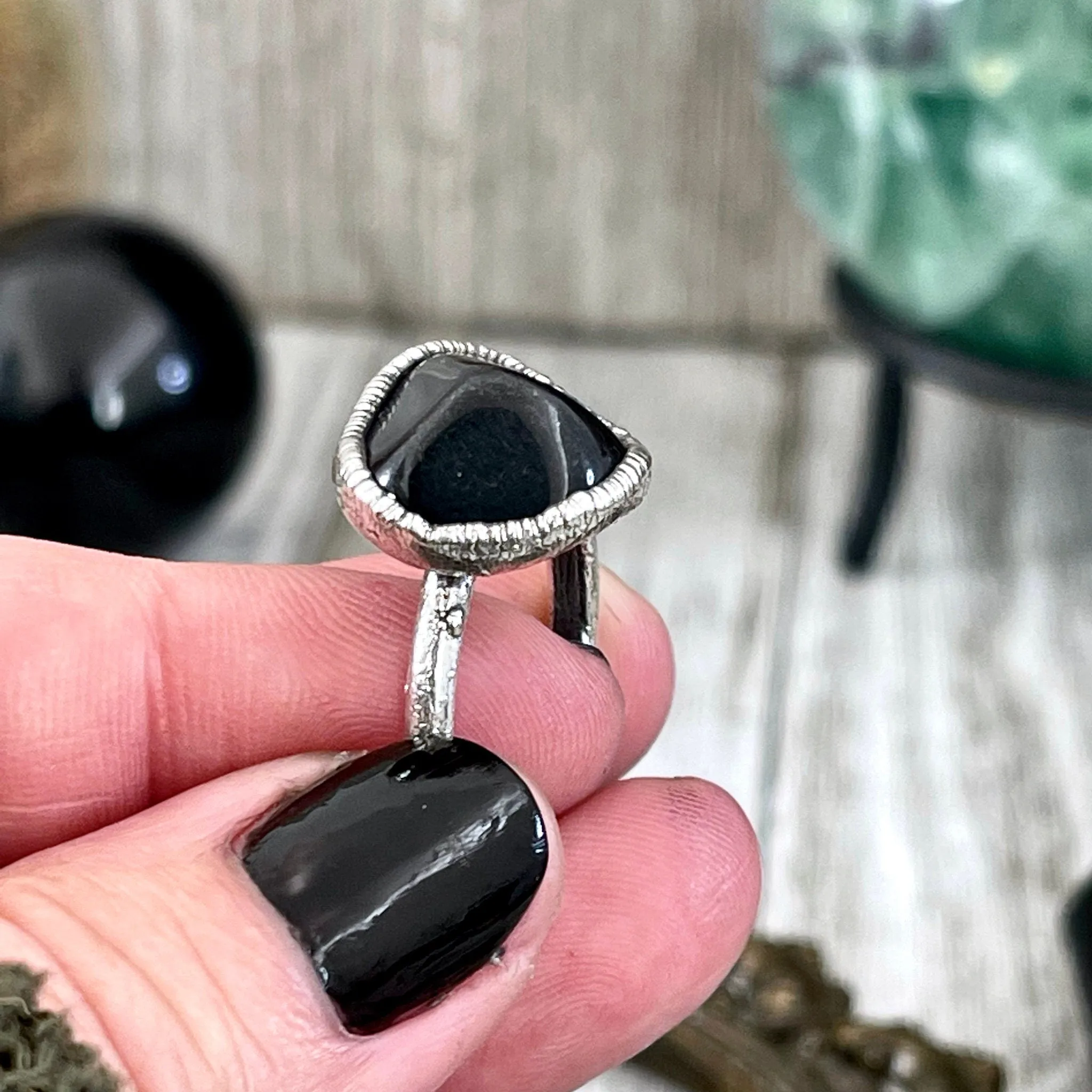 Black Onyx Ring in Fine Silver Small Natural Stone Ring Size 5 6 7 8 9 10 / Foxlark Collection