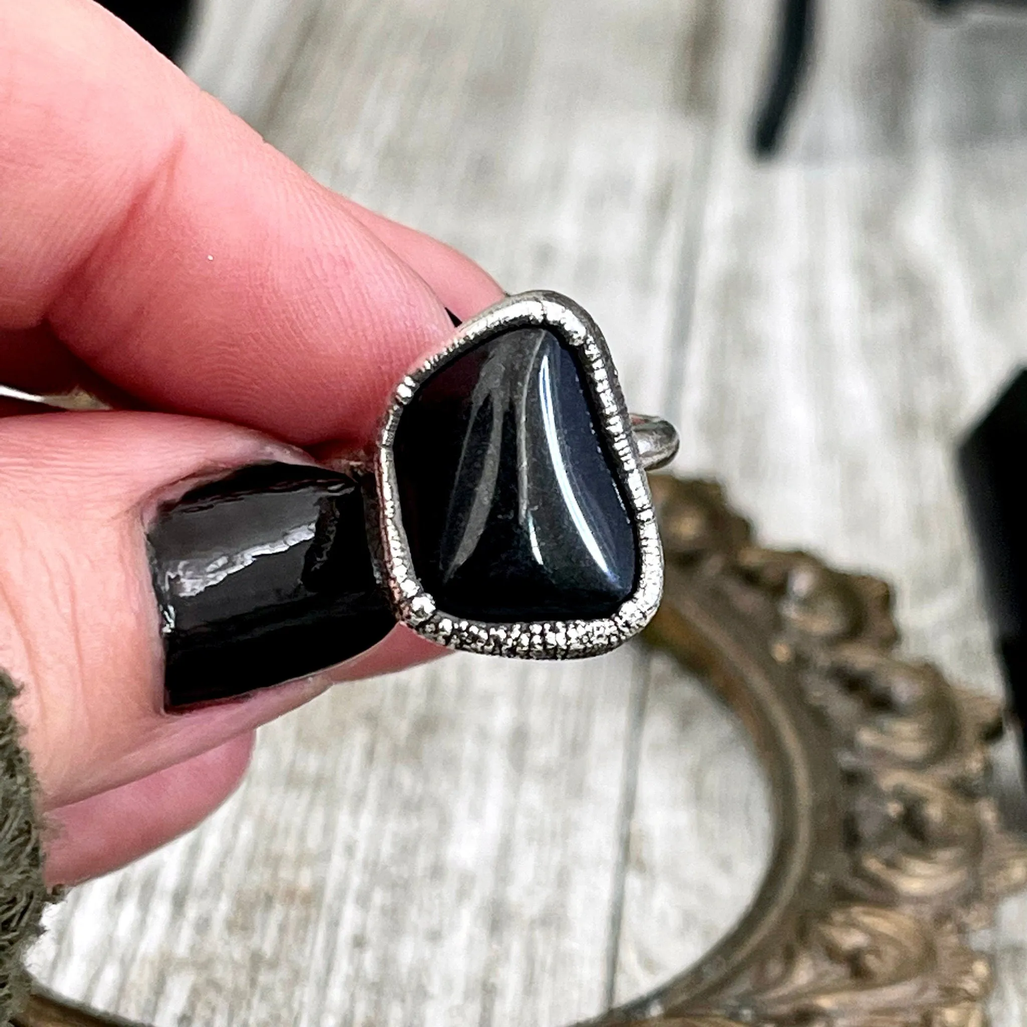 Black Onyx Ring in Fine Silver Small Natural Stone Ring Size 5 6 7 8 9 10 / Foxlark Collection