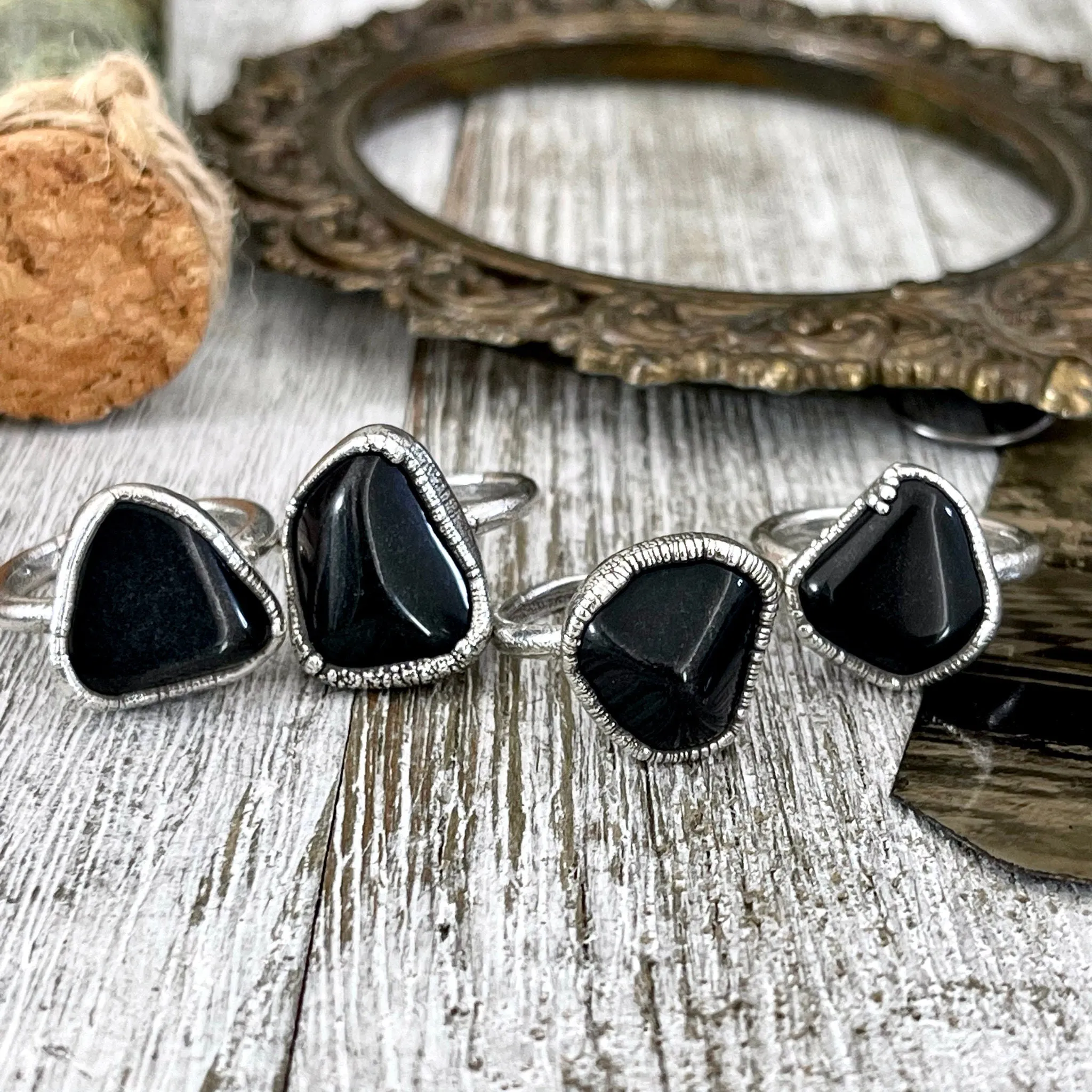 Black Onyx Ring in Fine Silver Small Natural Stone Ring Size 5 6 7 8 9 10 / Foxlark Collection