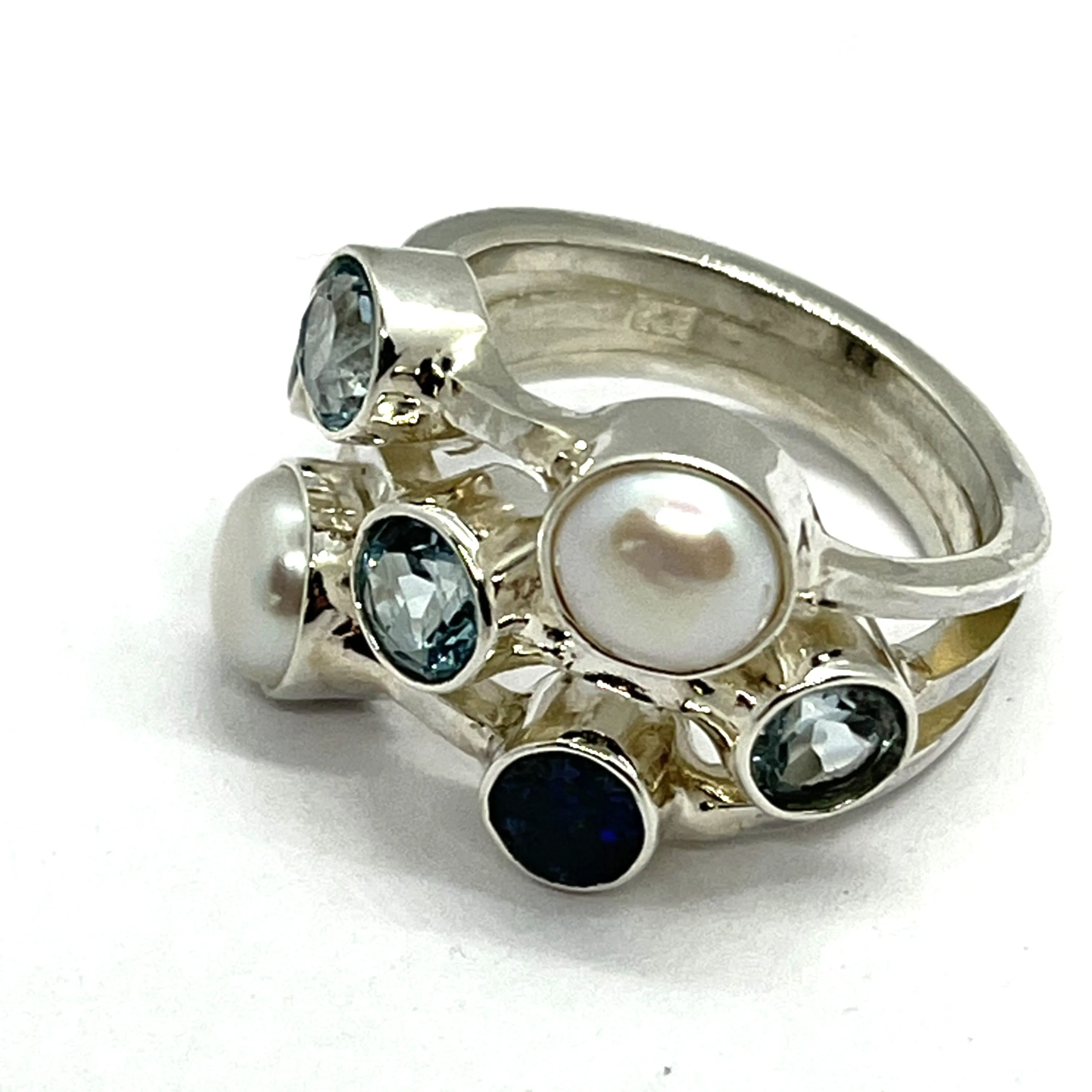 Blue Topaz, Opal and Pearl Multi Stone 925 Sterling Silver Ring