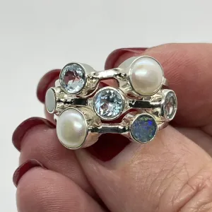 Blue Topaz, Opal and Pearl Multi Stone 925 Sterling Silver Ring