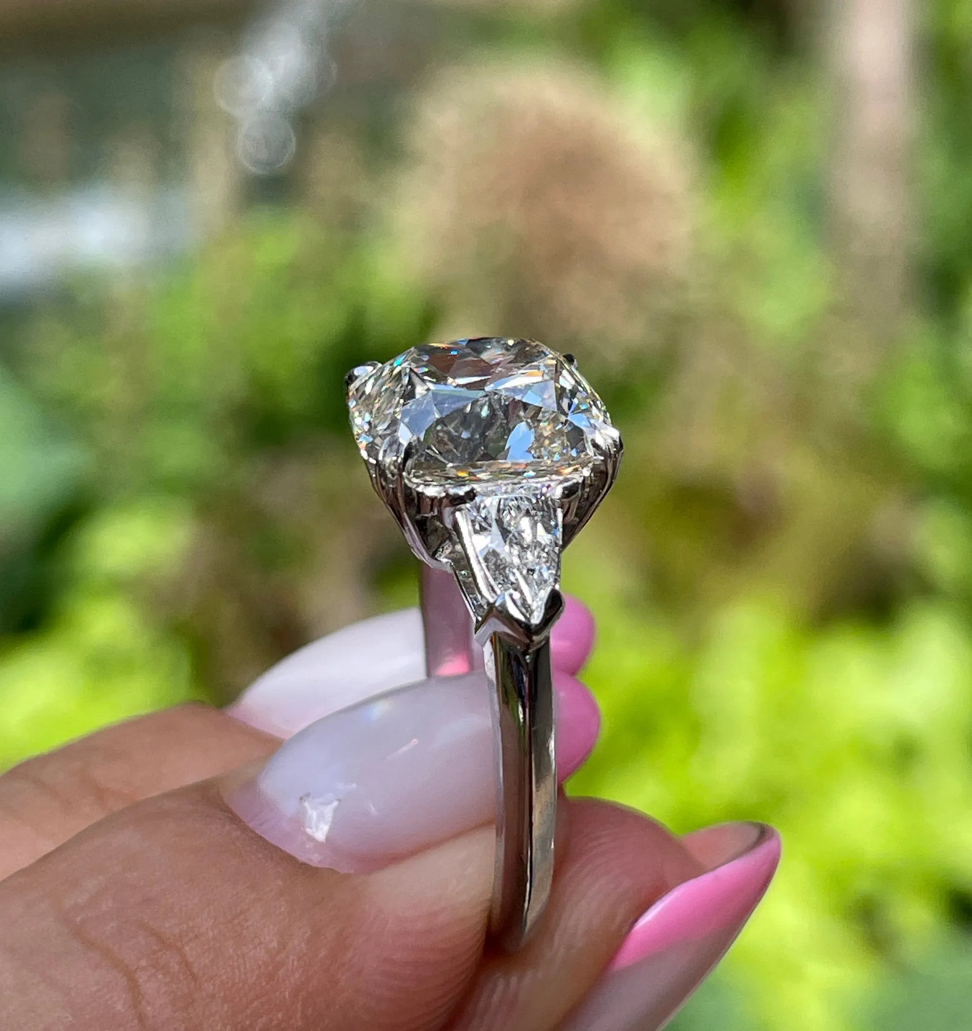 Classic GIA 5.01ct Natural CUSHION Diamond Engagement 3 Stone Platinum Vintage Estate Ring