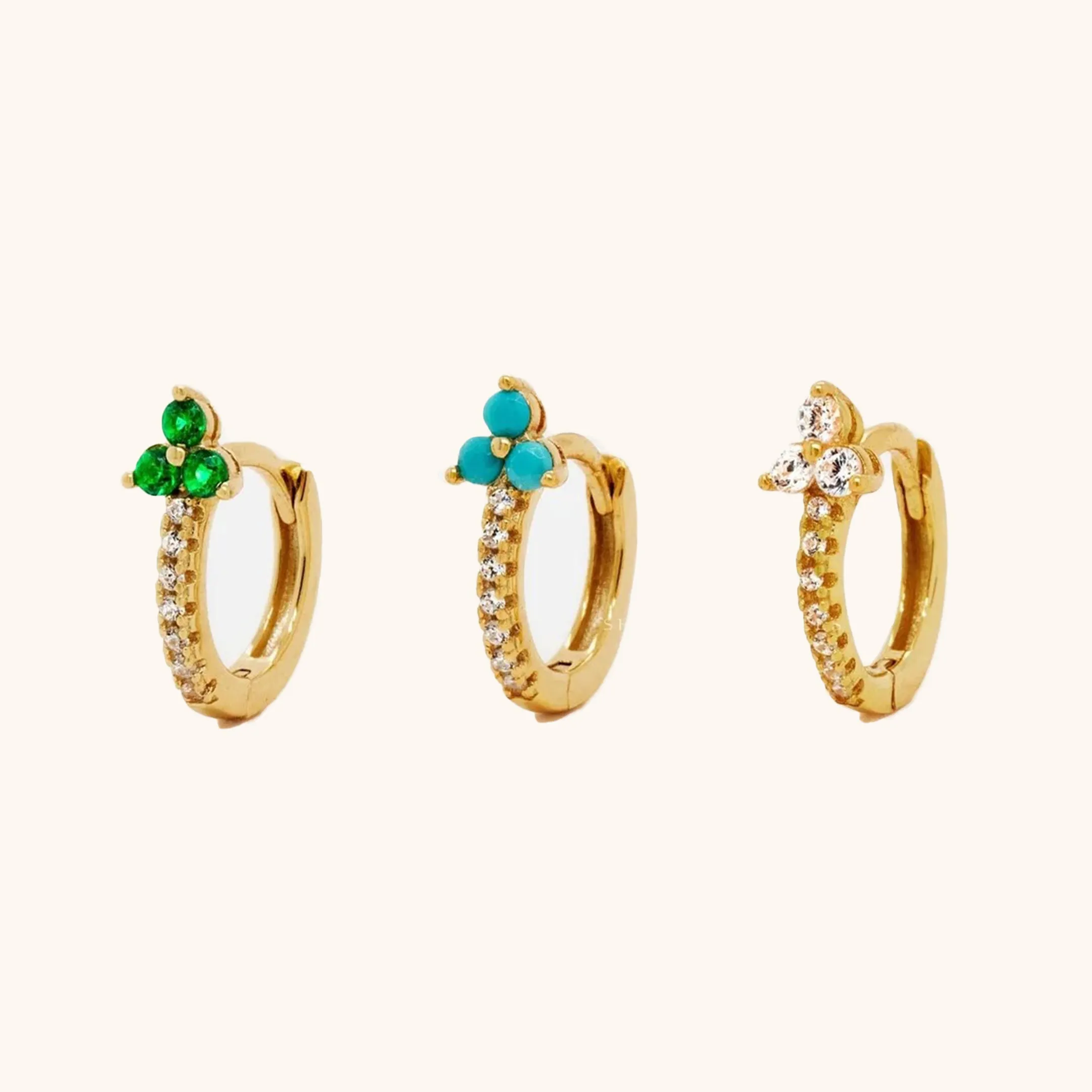 Clover Flower CZ Hoops, White Stone, Emerald, Turquoise, Gold, Silver SHEMISLI - SH331, SH211, SH207