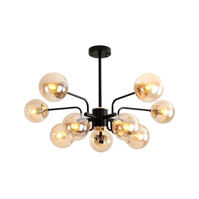 Contemporary Amber Glass Chandelier: Sphere Pendant Ceiling Light with 10 Bulbs, Black Finish