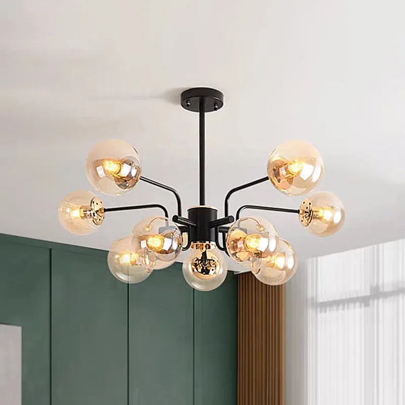 Contemporary Amber Glass Chandelier: Sphere Pendant Ceiling Light with 10 Bulbs, Black Finish