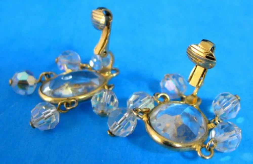 Crystal Dangle Earrings 1960s Crystal Ovals Iridescent Dangling Faceted Balls