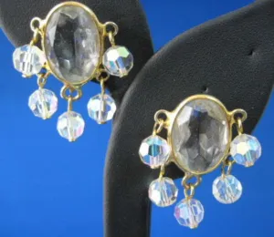 Crystal Dangle Earrings 1960s Crystal Ovals Iridescent Dangling Faceted Balls