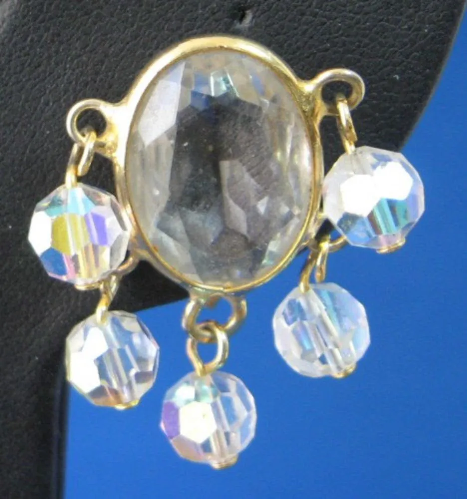 Crystal Dangle Earrings 1960s Crystal Ovals Iridescent Dangling Faceted Balls