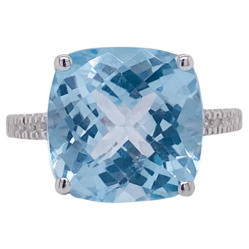 Cushion Blue Topaz and Diamond Ring