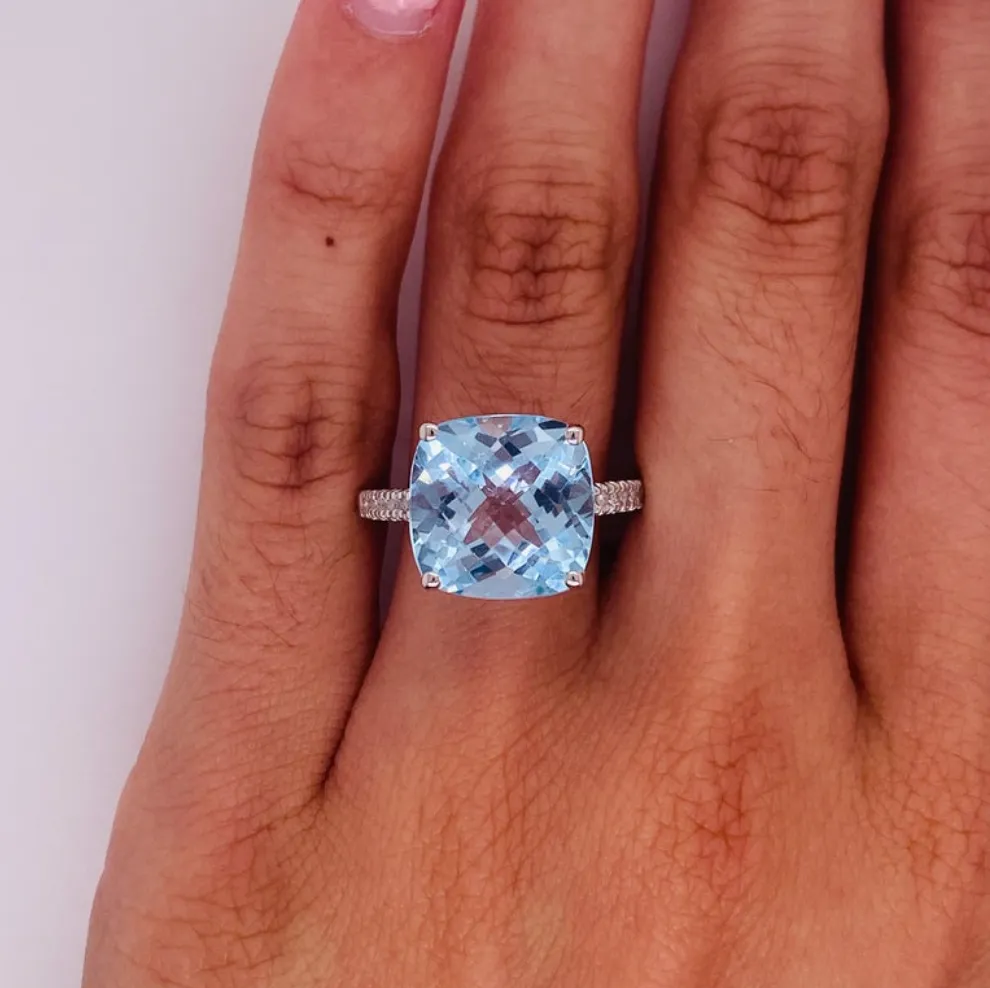 Cushion Blue Topaz and Diamond Ring