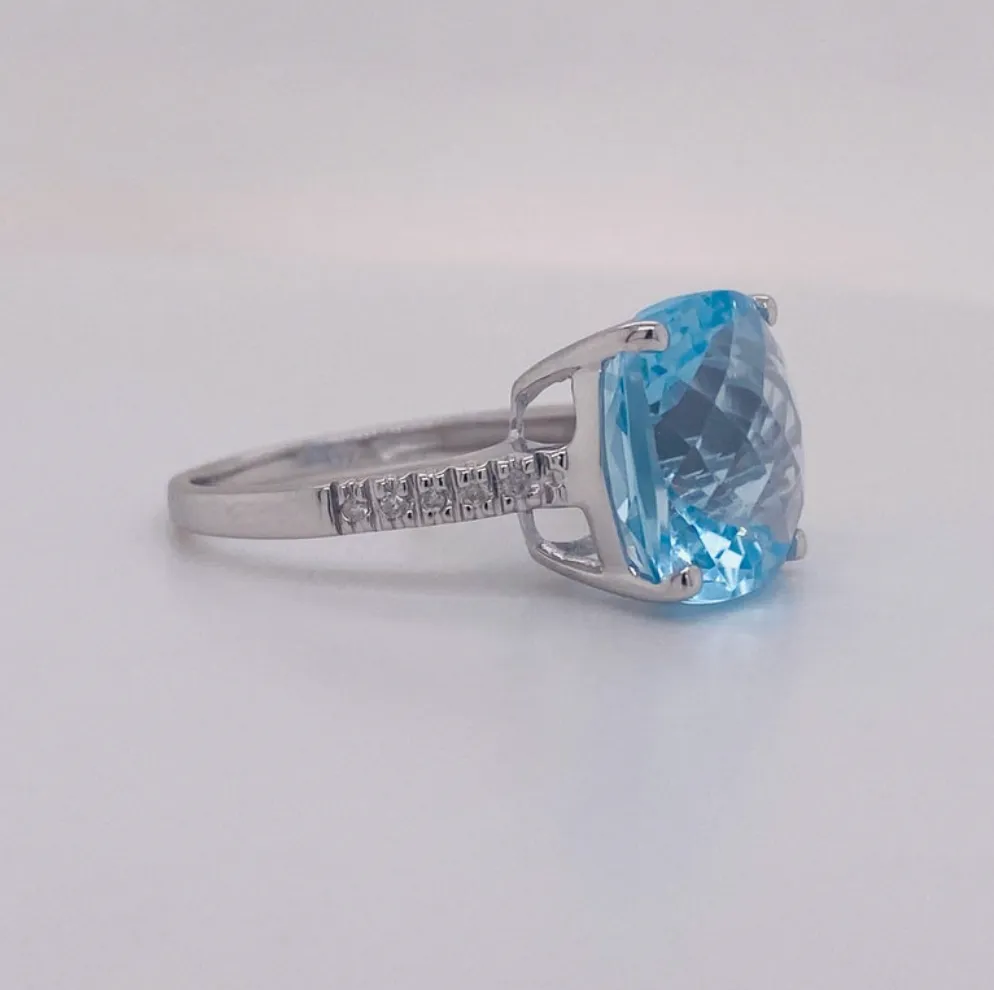 Cushion Blue Topaz and Diamond Ring