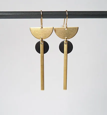 DECO08 Brass crescent, bar and black disc earrings