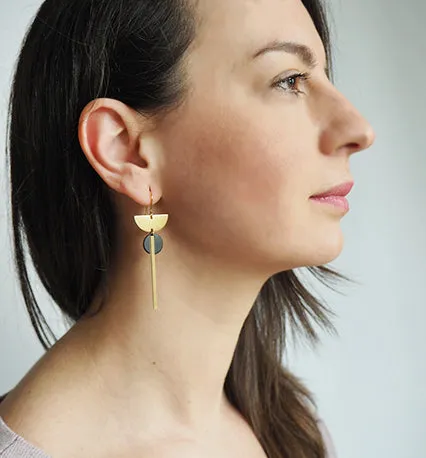 DECO08 Brass crescent, bar and black disc earrings