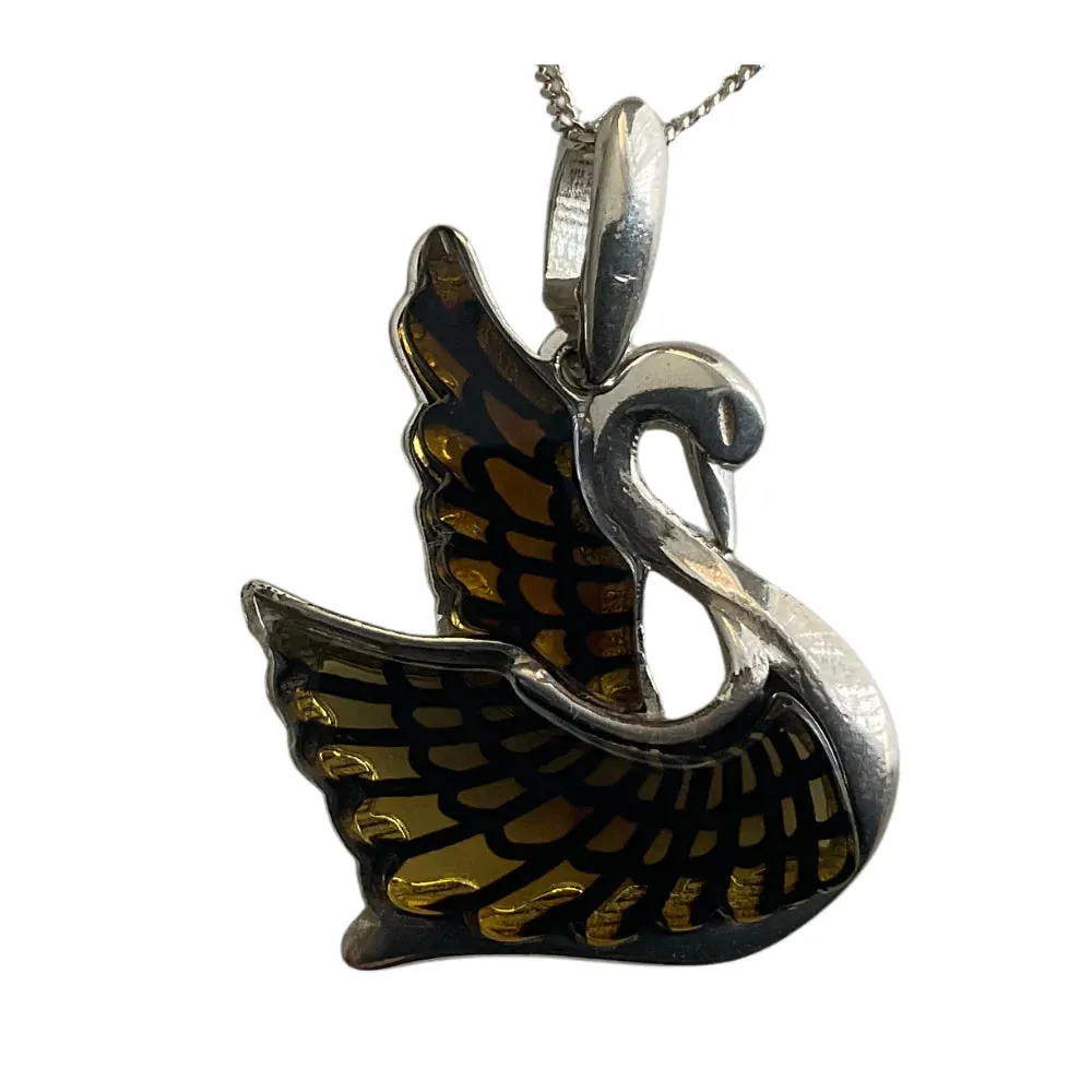 Designer Sterling Silver Swan and Amber Pendant