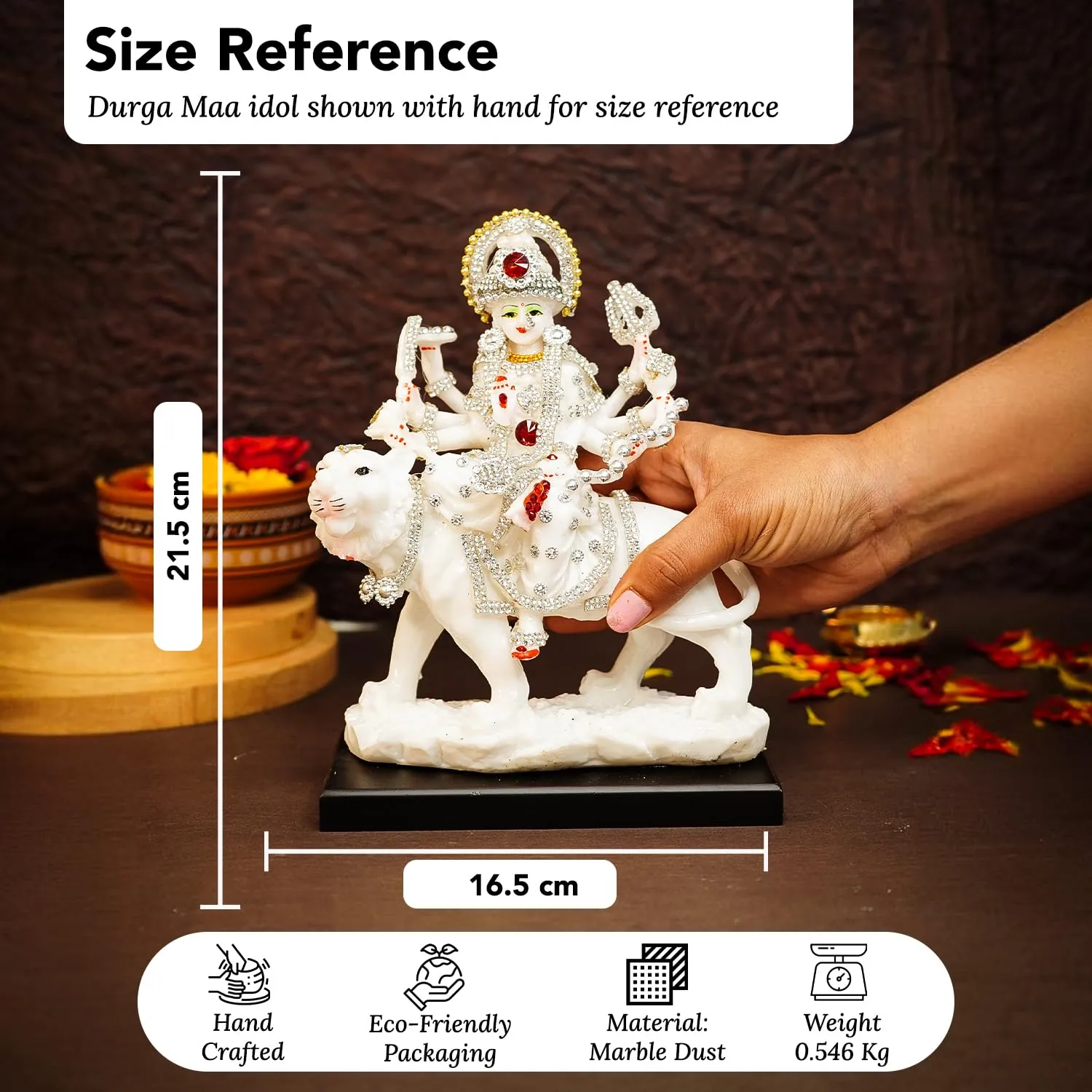 Ekhasa Aura Series Marble Dust Durga Maa Idol (8 inch, Medium Size) | Gemstone Zircon Studded Durga MATA Murti for Home Decor, Puja | Resin MATA Rani Murti | Maa Durga Murti