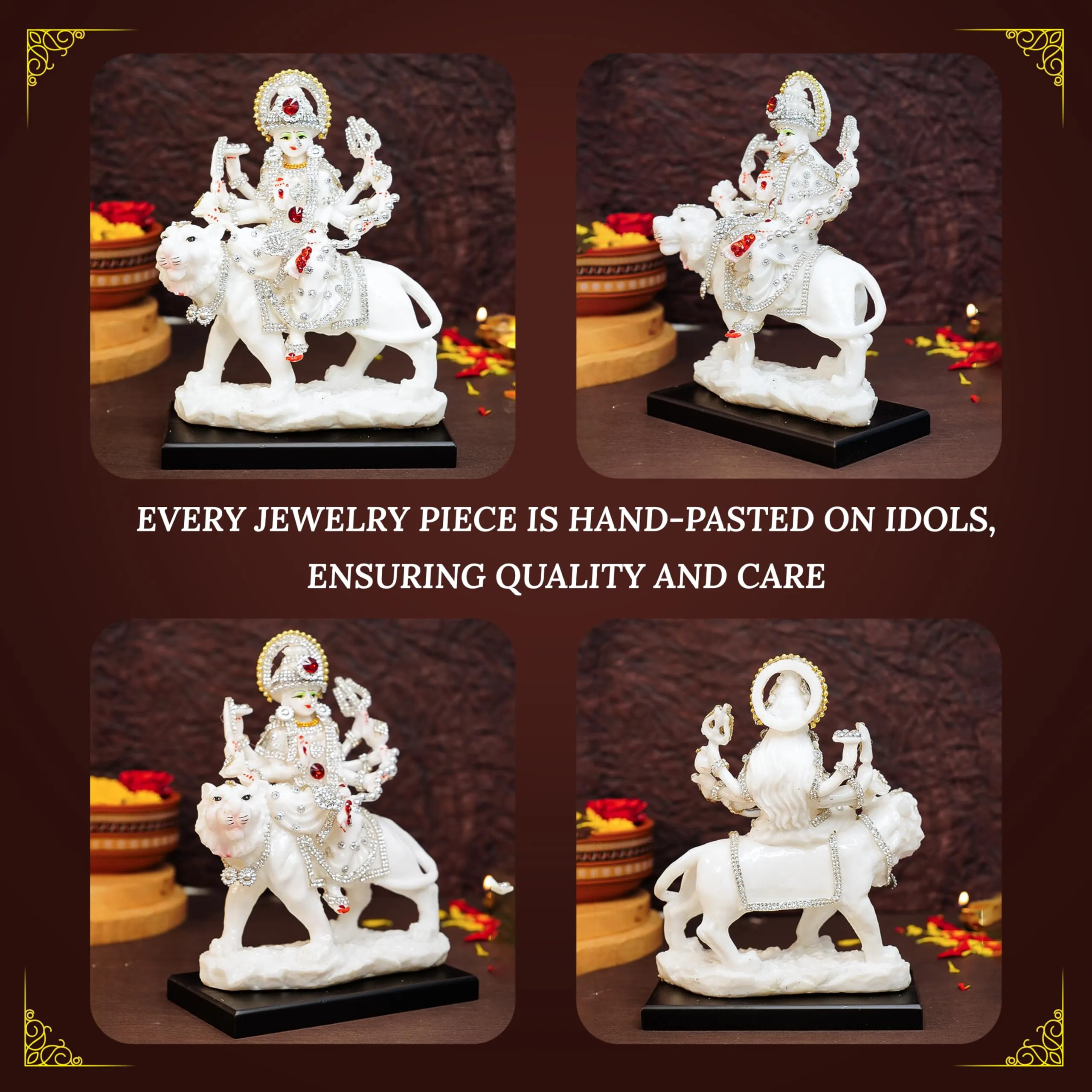 Ekhasa Aura Series Marble Dust Durga Maa Idol (8 inch, Medium Size) | Gemstone Zircon Studded Durga MATA Murti for Home Decor, Puja | Resin MATA Rani Murti | Maa Durga Murti