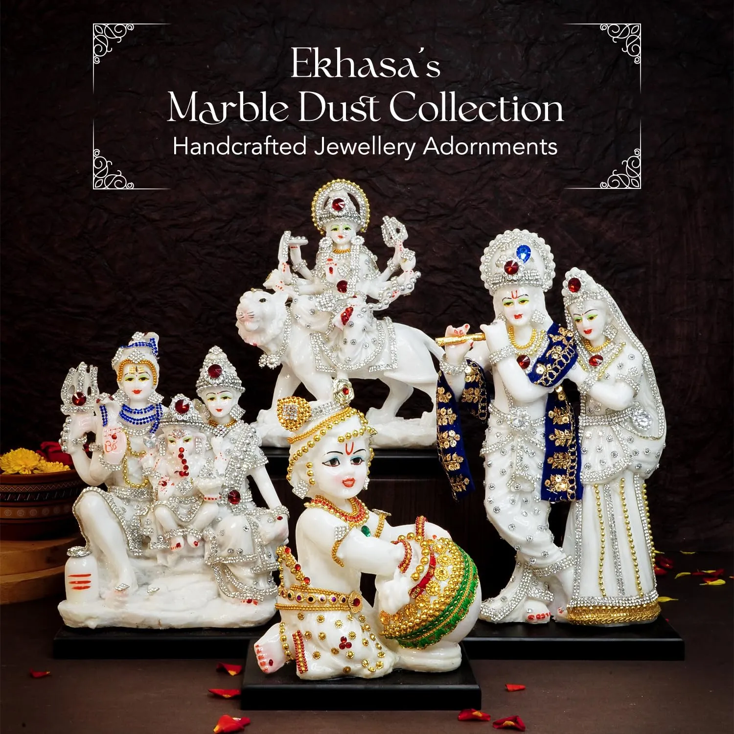 Ekhasa Aura Series Marble Dust Durga Maa Idol (8 inch, Medium Size) | Gemstone Zircon Studded Durga MATA Murti for Home Decor, Puja | Resin MATA Rani Murti | Maa Durga Murti